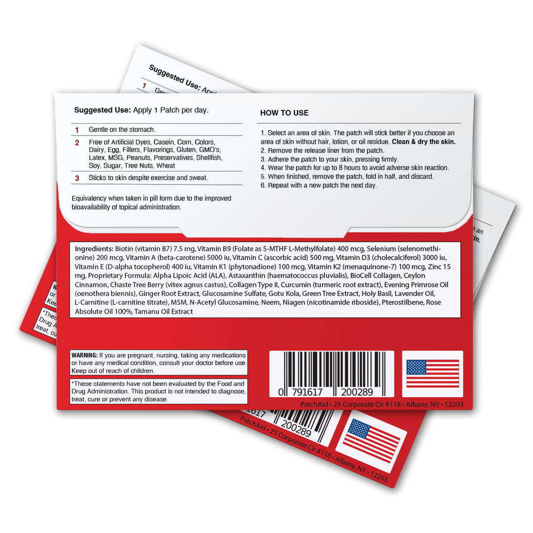 Three Biotin Plus Vitamin Patch - Hair, Skin, and Nails Support available in 1-Pack size. Packaging is red and white with two American flag icons, directions, ingredients, nutrition facts, and a barcode on the back. Each patch contains biotin for healthy hair, skin, and nails.