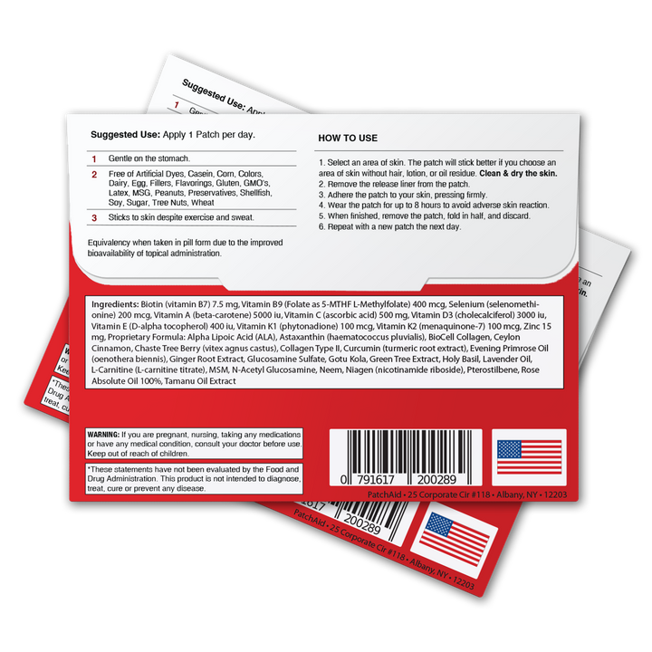 Three Biotin Plus Vitamin Patch - Hair, Skin, and Nails Support available in 1-Pack size. Packaging is red and white with two American flag icons, directions, ingredients, nutrition facts, and a barcode on the back. Each patch contains biotin for healthy hair, skin, and nails.