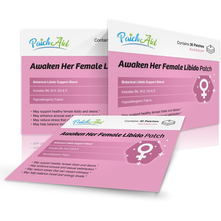 Two pink packages labeled “Awaken Her Female Libido Patch – Desire &amp; Energy Support: 1-Pack,” each featuring a female gender symbol, ingredients, and key benefits. Each box contains 30 patches; available in 1-pack size. PatchAid logo at top of each box.