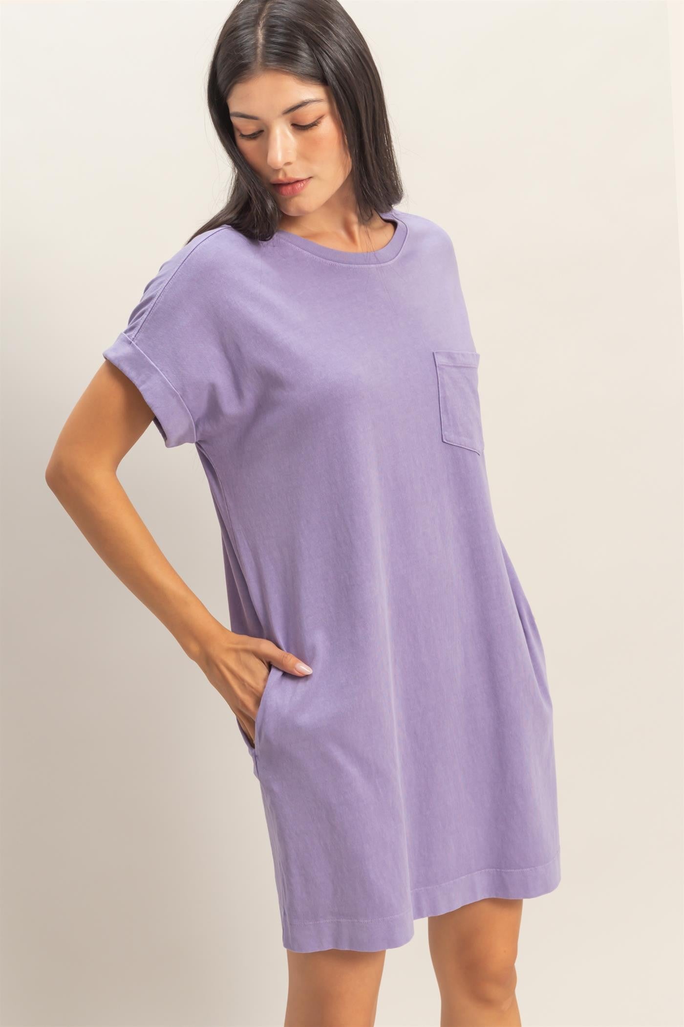 Relaxed Fit Crewneck T-Shirt Dress in lavender cotton, loose fit, short sleeves, chest and side pockets. Sizes: XS-XXL.