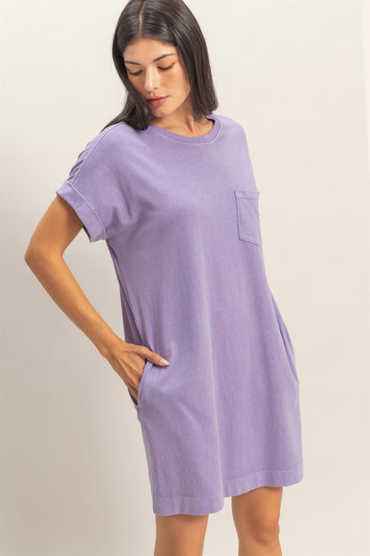 Relaxed Fit Crewneck T-Shirt Dress in lavender cotton, loose fit, short sleeves, chest and side pockets. Sizes: XS-XXL.