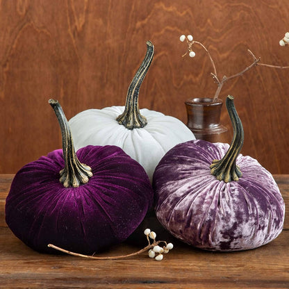 Three large velvet pumpkins in white, fern green, and purple with tall, twisted stems. Available in large size.