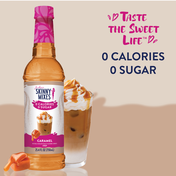 Sugar Free Caramel Syrup bottle labeled "0 calories, 0 sugar." Sizes available: 12 oz, 25.4 oz.