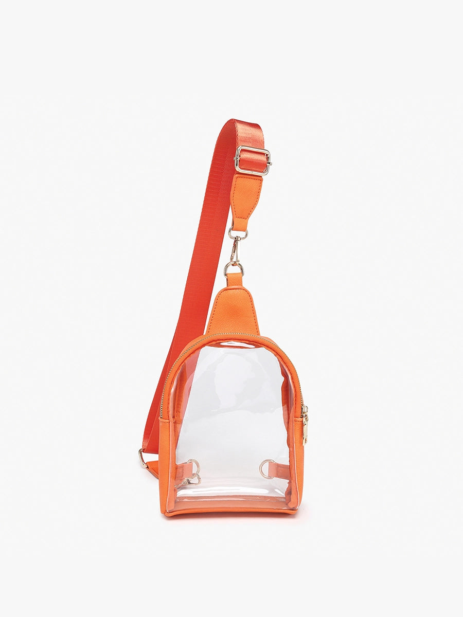 The Ellen Clear Sling Bag: small, clear stadium bag with orange trim, adjustable guitar strap. Sizes available: small only.
