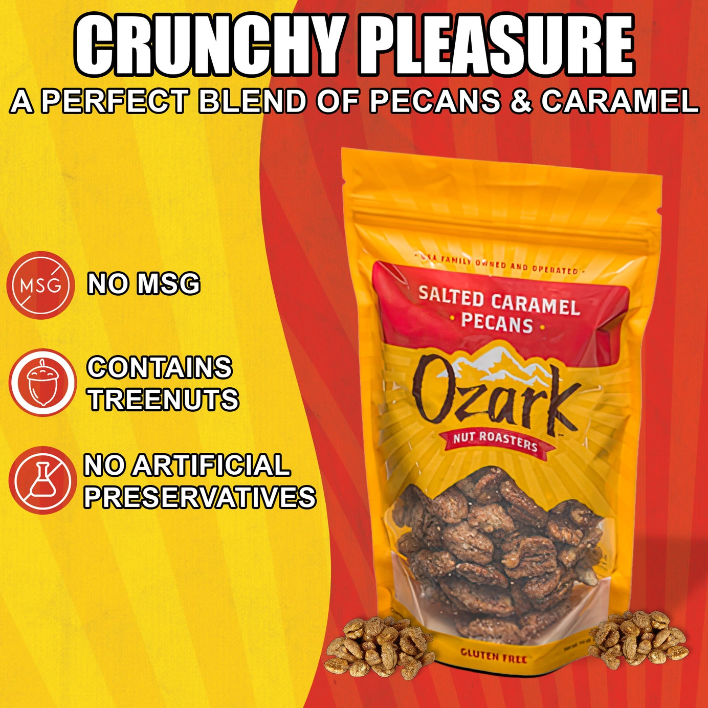 3oz Salted Caramel Pecans bag, made from American pecans. Highlights: no MSG, tree nuts, or artificial preservatives.