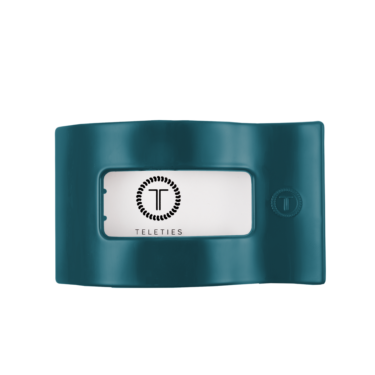 Teal flat rectangle hair clip with a clear window displaying the TELETIES logo; available in large size.