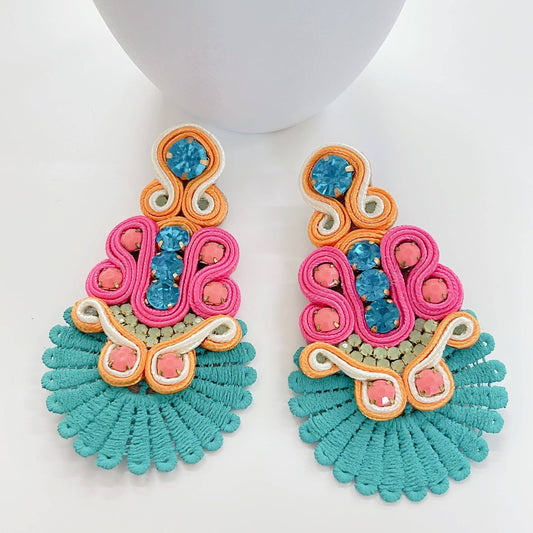 Handmade beaded Sammy Turquoise Earrings with turquoise, pink, orange, and cream, blue/pink gems; fan-shaped. Sizes: S, M.