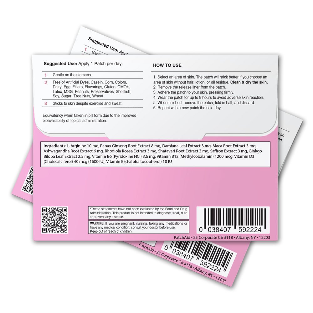 Two overlapping packages of Awaken Her Female Libido Patch – Desire & Energy Support, 1-pack size, shown with pink and white packaging and black text indicating instructions, ingredients, suggested use, and barcode.