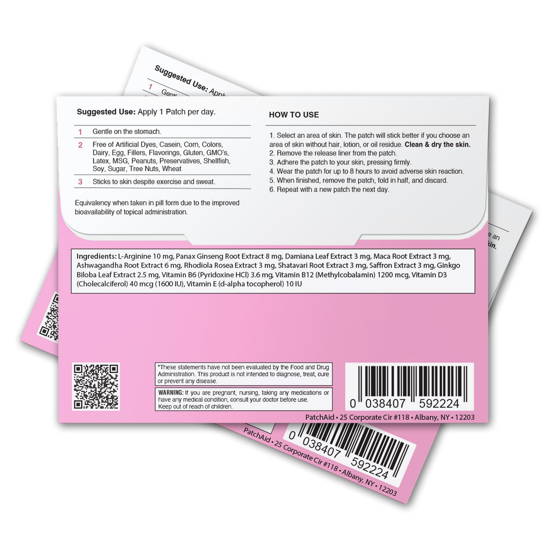 Two overlapping packages of Awaken Her Female Libido Patch – Desire &amp; Energy Support, 1-pack size, shown with pink and white packaging and black text indicating instructions, ingredients, suggested use, and barcode.