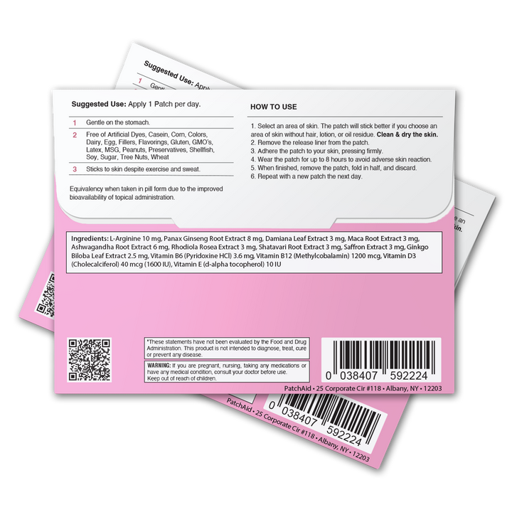 Two overlapping packages of Awaken Her Female Libido Patch – Desire &amp; Energy Support, 1-pack size, shown with pink and white packaging and black text indicating instructions, ingredients, suggested use, and barcode.