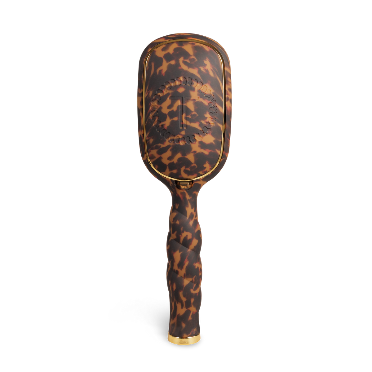The Detangler Hair Brush for Thick Hair - Tortoise has a brown tortoiseshell pattern, gold accents, and a raised decorative back design; available in multiple sizes.
