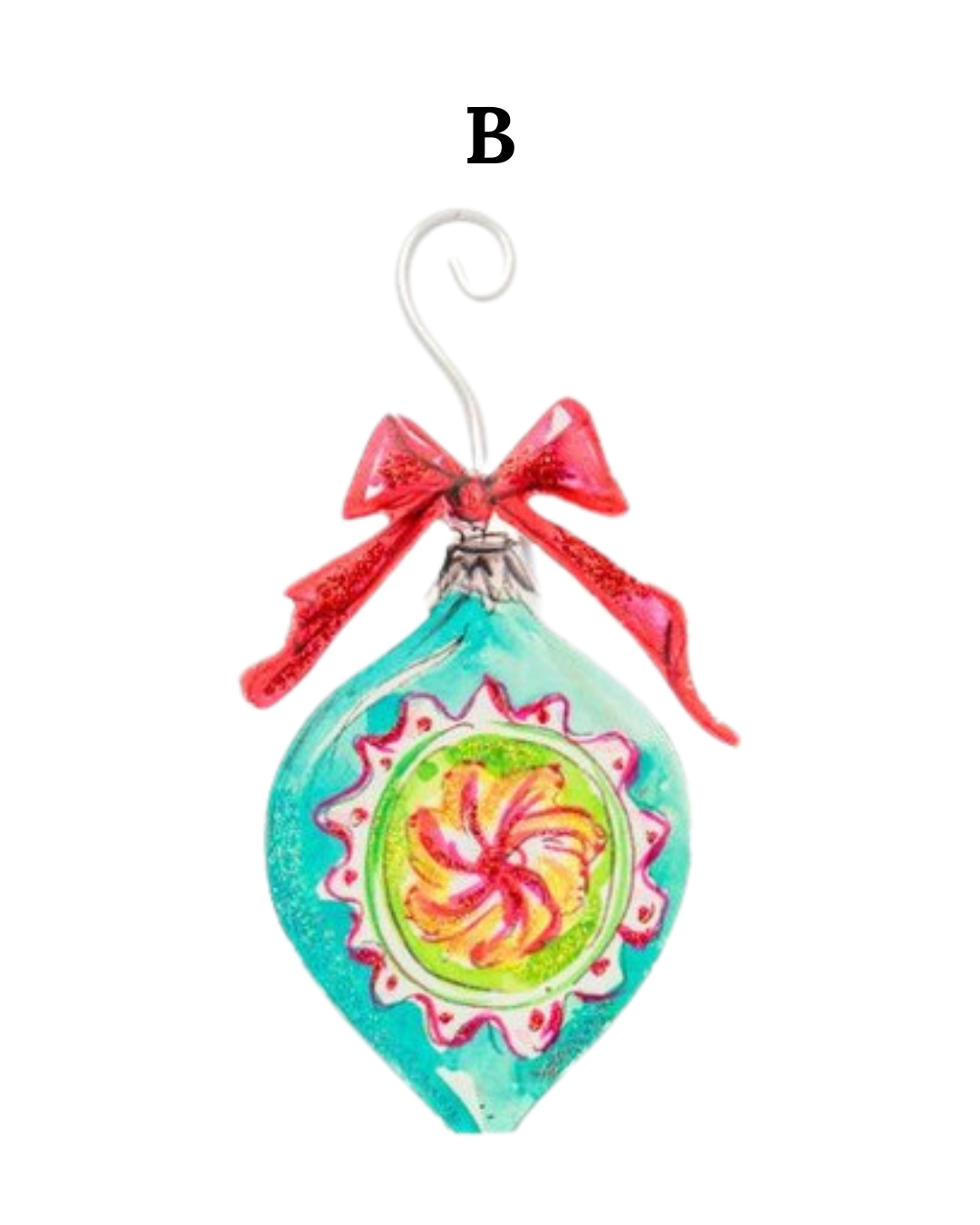 Beck’s Vintage Ornaments teardrop-shaped turquoise ornament with floral design and red glitter bow.