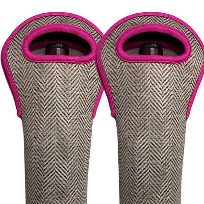 The Cathy Wine Sleeve by shoptaylorgray: herringbone neoprene, pink trim. Available in standard and magnum sizes.