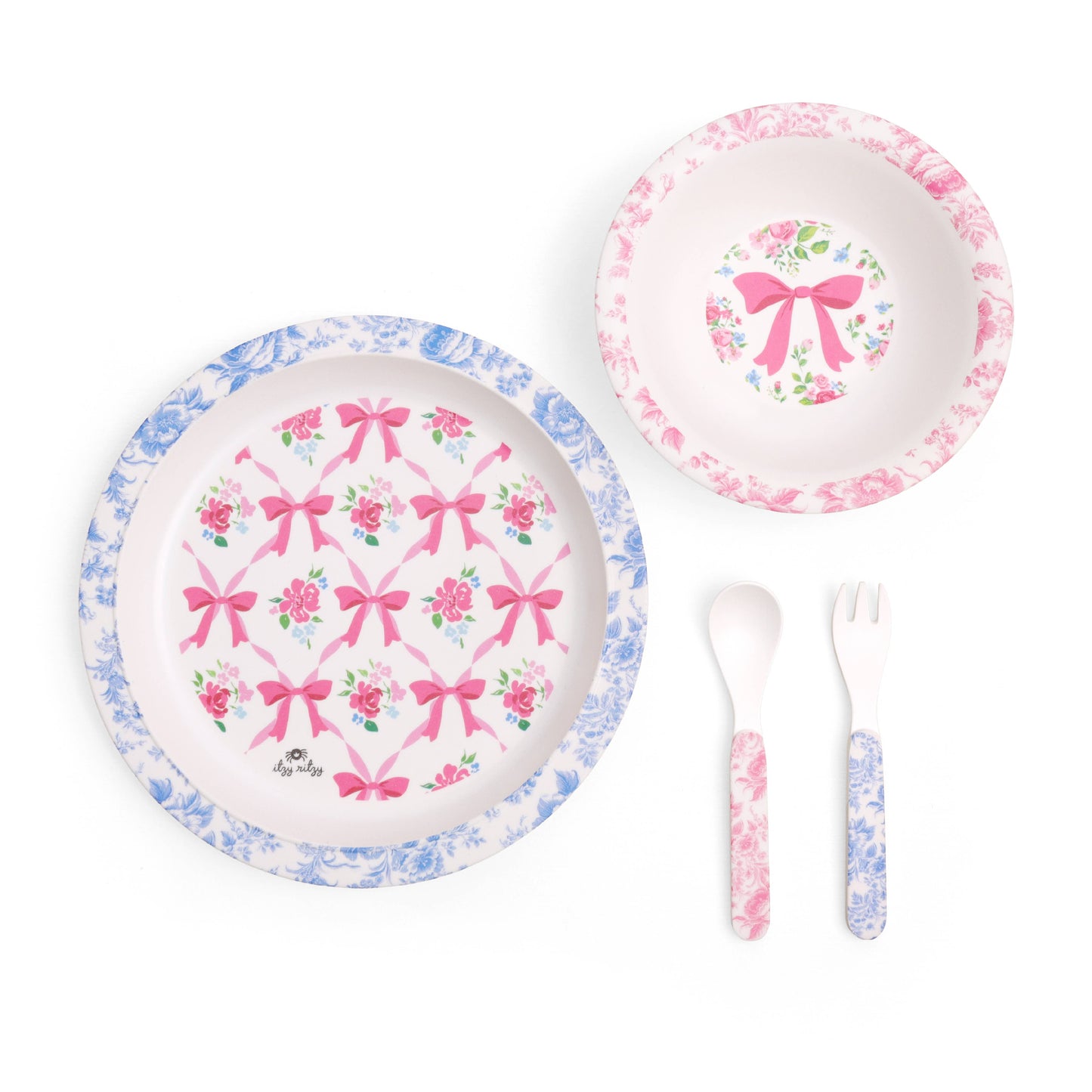 Itzy Bistro™ 4-piece BPA-free melamine toddler set: plate, bowl, spoon, fork. Plate: blue border, bowl: pink. Sizes: toddler.