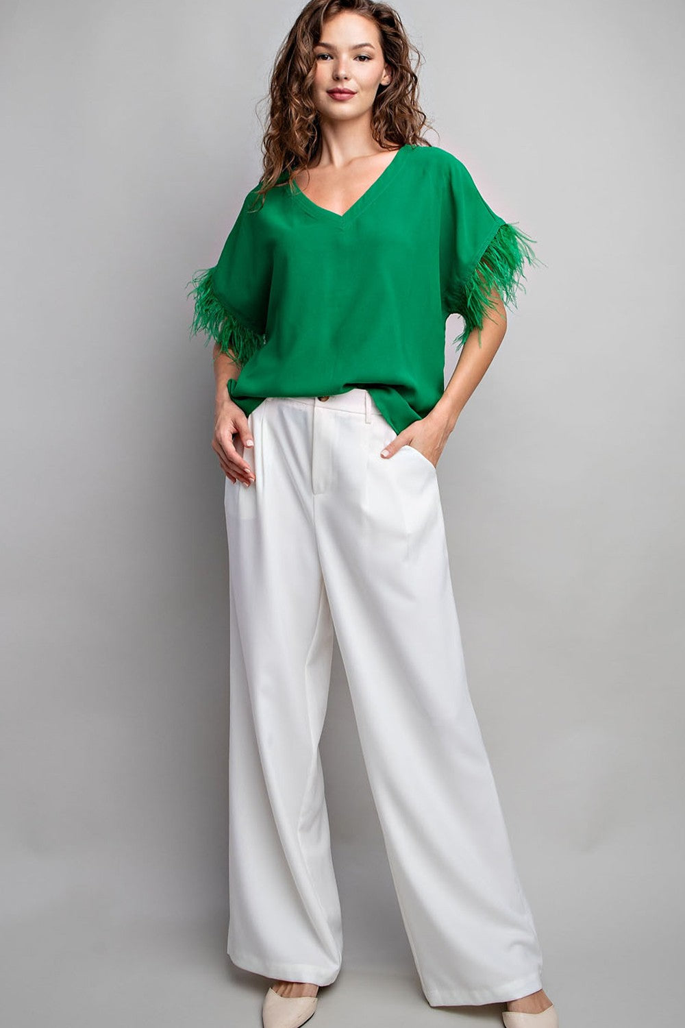 Feather V-Neck Short Sleeve Top