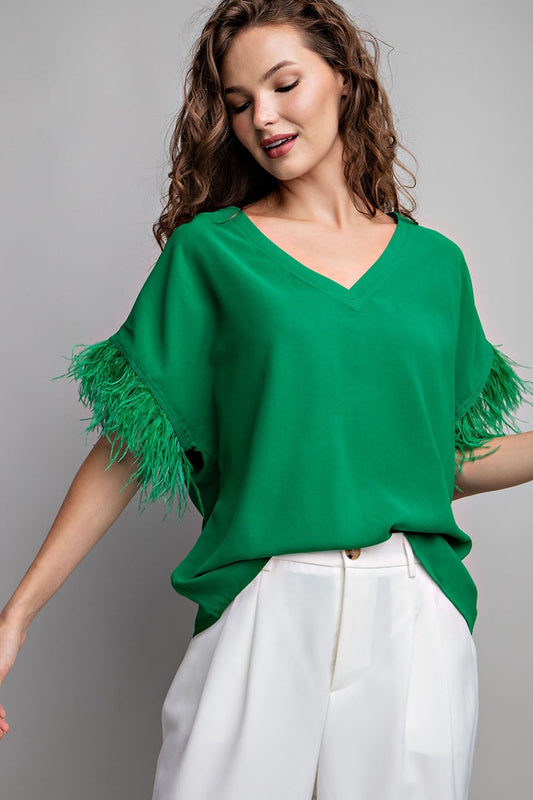 Feather V-Neck Short Sleeve Top