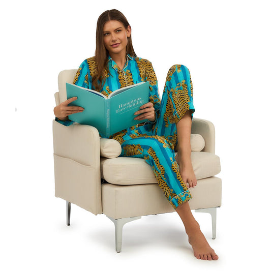 Eye of the Tiger Cotton Printed Pajamas feature a bold stripe and tiger motif in blue and yellow. Sizes available: S, M, L, XL.