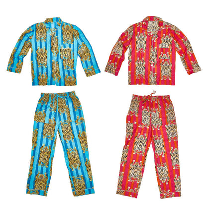 Eye of the Tiger Cotton Printed Pajamas available in blue or red with black and orange tiger motifs; includes button-up shirt and matching pants. Sizes: S, M, L, XL.
