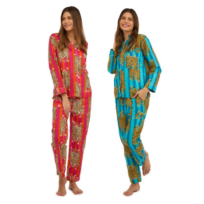 Eye of the Tiger cotton printed pajamas with bold tiger motif; available in red or blue stripes. Sizes: S, M, L, XL.
