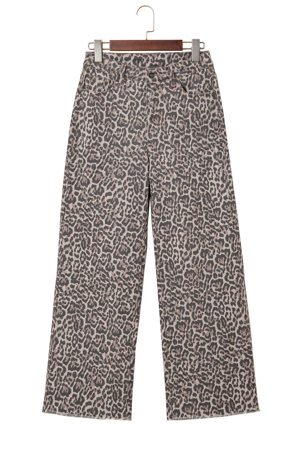 Missy Leopard HW Frayed Edge Wide Jeans in grey/black leopard print, wide-leg fit. Available in sizes 0-14.