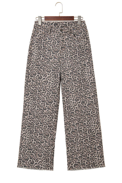 Missy Leopard HW Frayed Edge Wide Jeans in grey/black leopard print, wide-leg fit. Available in sizes 0-14.