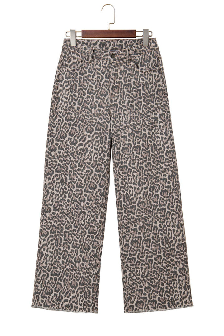 Missy Leopard HW Frayed Edge Wide Jeans in grey/black leopard print, wide-leg fit. Available in sizes 0-14.