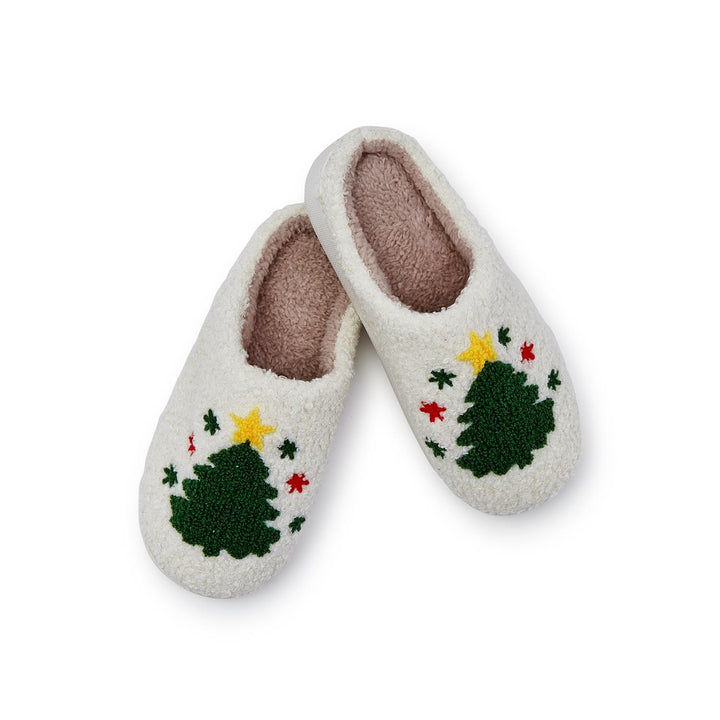Cream-colored plush Tree Icon slippers with green tree and yellow star embroidery. Available in all sizes.