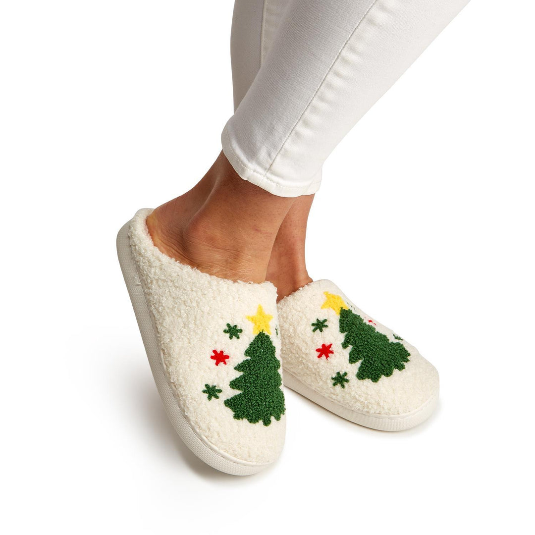 Off-white Tree Icon Plush slippers with Christmas tree, star, and snowflake patterns. Available in all sizes.