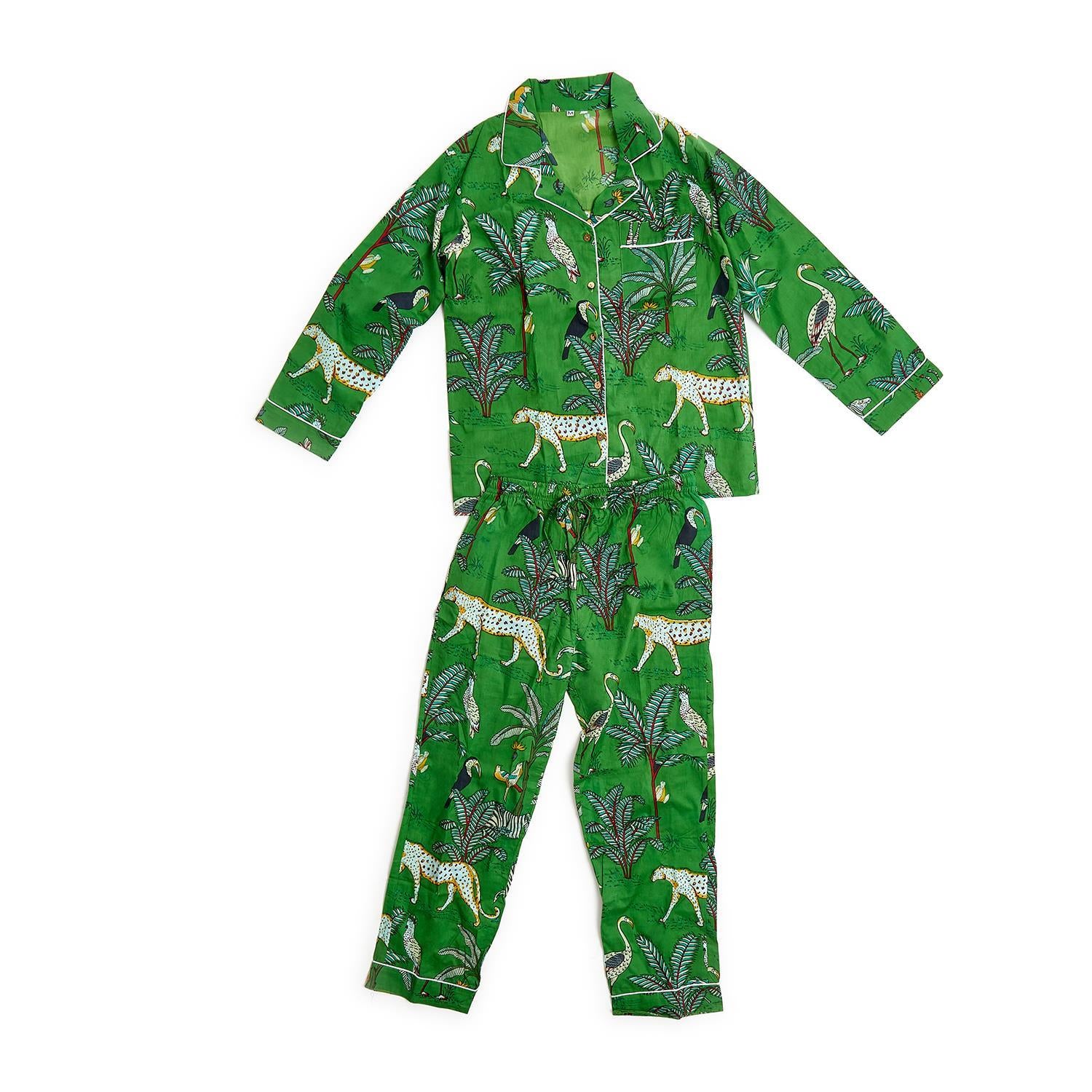 Green cotton long-sleeve pajama set with cheetah and palm tree print, button-front top, relaxed pants. Sizes: S-XL.