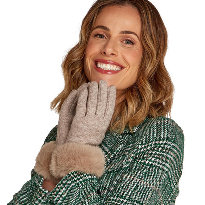 Opening Night Cashmere Feel Gloves: Plush faux fur cuff, touchscreen fingertips. Sizes: S/M and M/L.