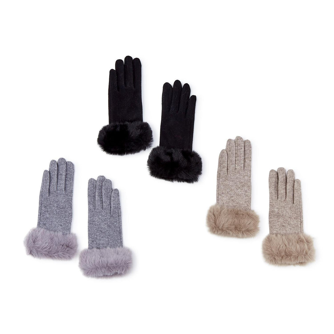 Opening Night Cashmere Feel Gloves with Plush Faux Fur Cuff and Touchscreen Fingertips. Sizes: Small, Medium, Large. Available in black with black fur, gray with light gray fur, and beige with light brown fur.