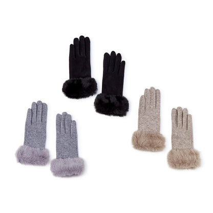 Opening Night Cashmere Feel Gloves with Plush Faux Fur Cuff and Touchscreen Fingertips. Sizes: Small, Medium, Large. Available in black with black fur, gray with light gray fur, and beige with light brown fur.