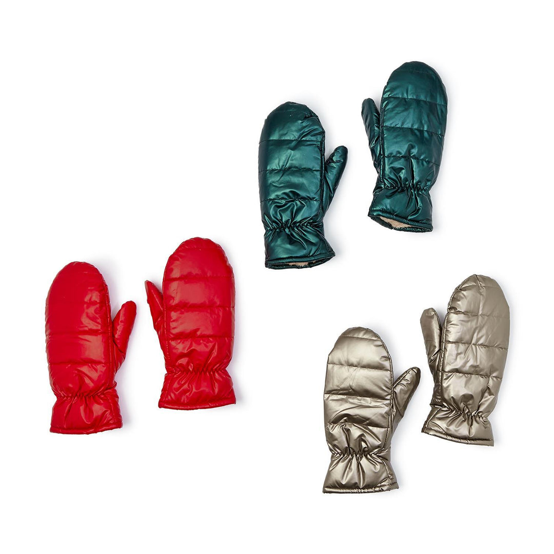Red, teal, and metallic silver Puffer Mittens available in S, M, and L sizes. Cozy winter gloves.