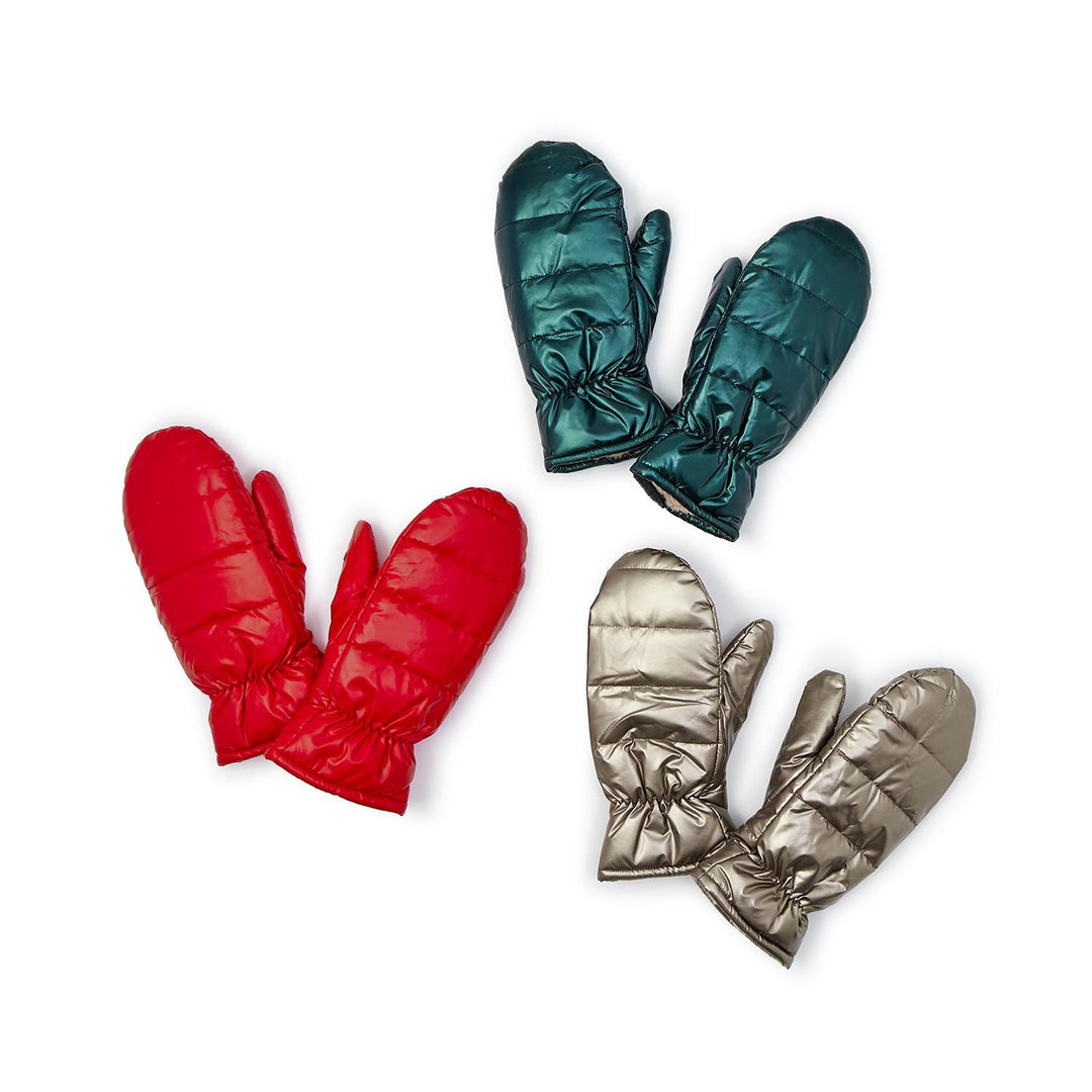 Puffer Mittens in red, metallic silver, and dark green. Available sizes: S, M, L.