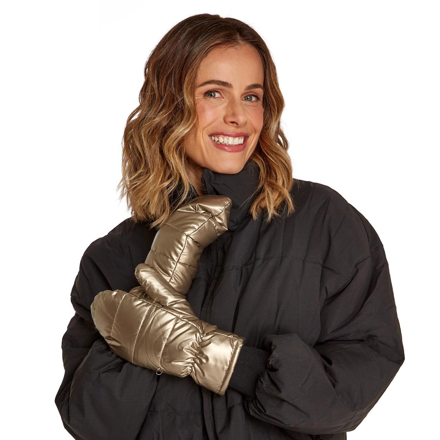 Shiny gold fleece-lined Puffer Mittens shown in close-up; available in sizes S, M, and L.