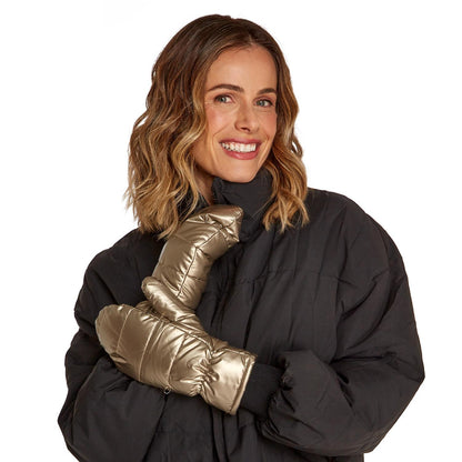 Shiny gold fleece-lined Puffer Mittens shown in close-up; available in sizes S, M, and L.