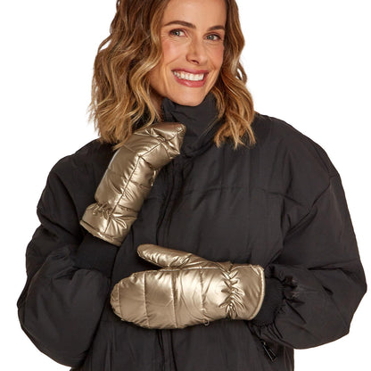 Puffer Mittens in black, shown held up and worn. Available sizes: S, M, L.