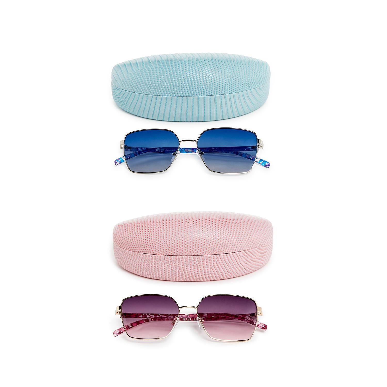 Two pairs of New View Metal Frame Sunglasses with geometric design arms and coordinating lizard print hard cases. UV protection. Sizes: One size.

- Top pair: Rectangular blue lenses, blue and silver frames, light blue textured case.
- Bottom pair: Rectangular gradient pink lenses, pink and gold frames, pink textured case.