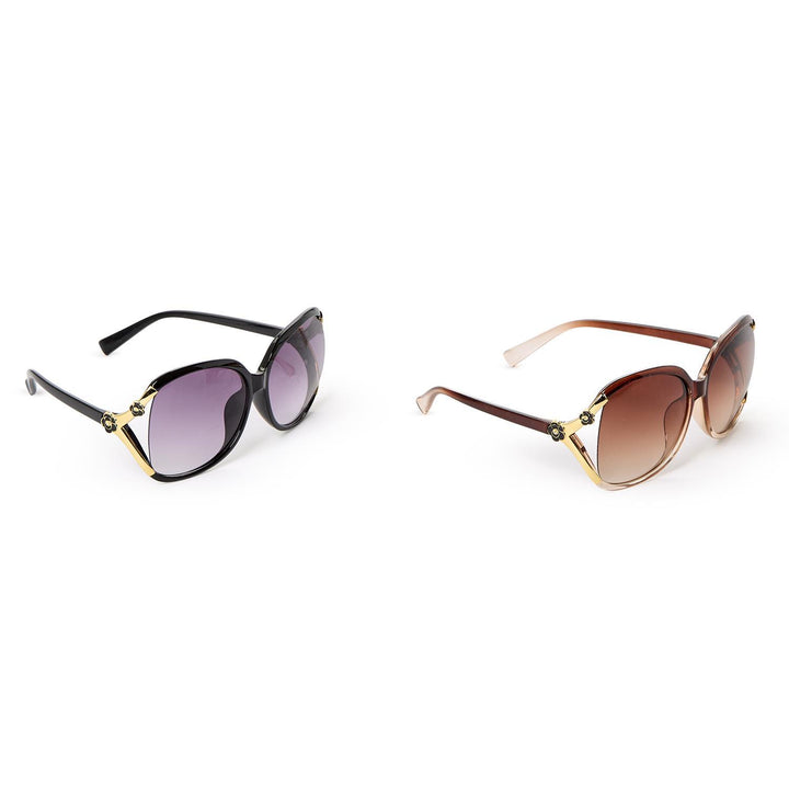 Two Flower Detail Sunglasses: round frames, floral accents, black/purple or brown/gradient lenses. Sizes: S, M, L.
