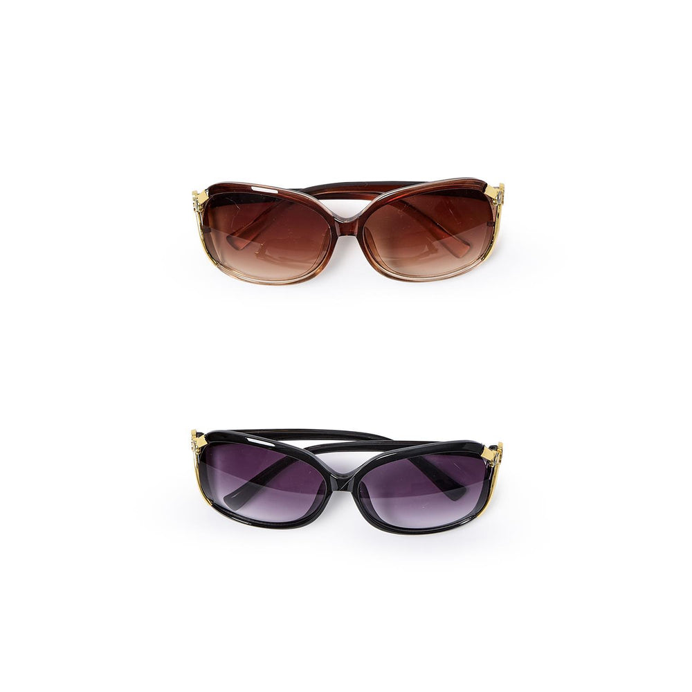 Flower Detail Sunglasses: brown with matching lenses, black with dark lenses. Available in sizes S, M, and L.