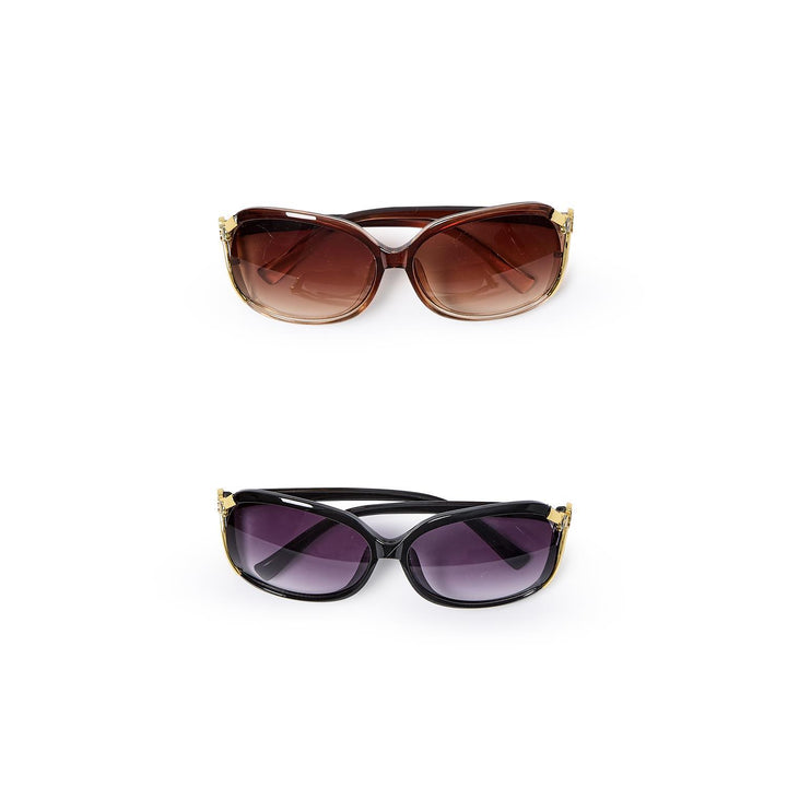 Flower Detail Sunglasses: brown with matching lenses, black with dark lenses. Available in sizes S, M, and L.