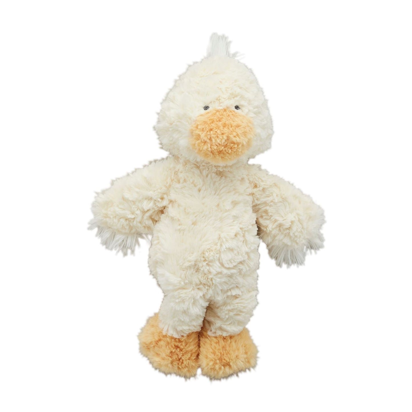 Cream-colored faux fur duck plush with large orange beak and feet. Available in small, medium, and large sizes.