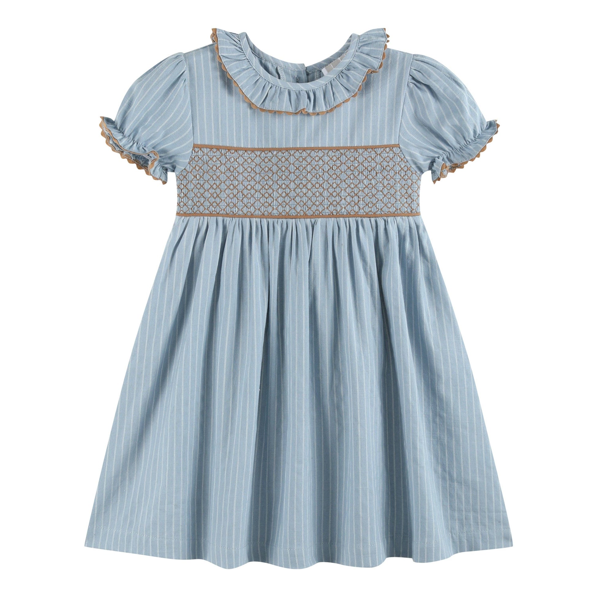 Light blue dress with white pinstripes, short sleeves, knee-length, brown smocked ruffle collar and sleeve trim, geometric pattern on bodice. Available in size 18-24M.