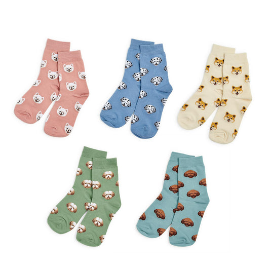 Five cotton pairs of socks with pink dogs, blue dalmatians, yellow foxes, green sloths, blue otters; sizes S-XL.