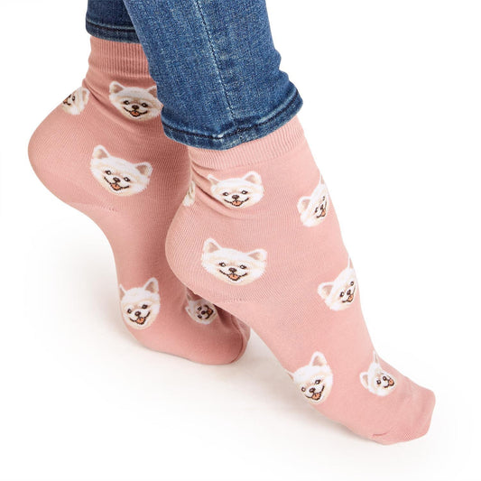 Light pink Pawfect Pairs Dog Face Designed Socks with white dog face pattern; cozy cotton; sizes S, M, L.