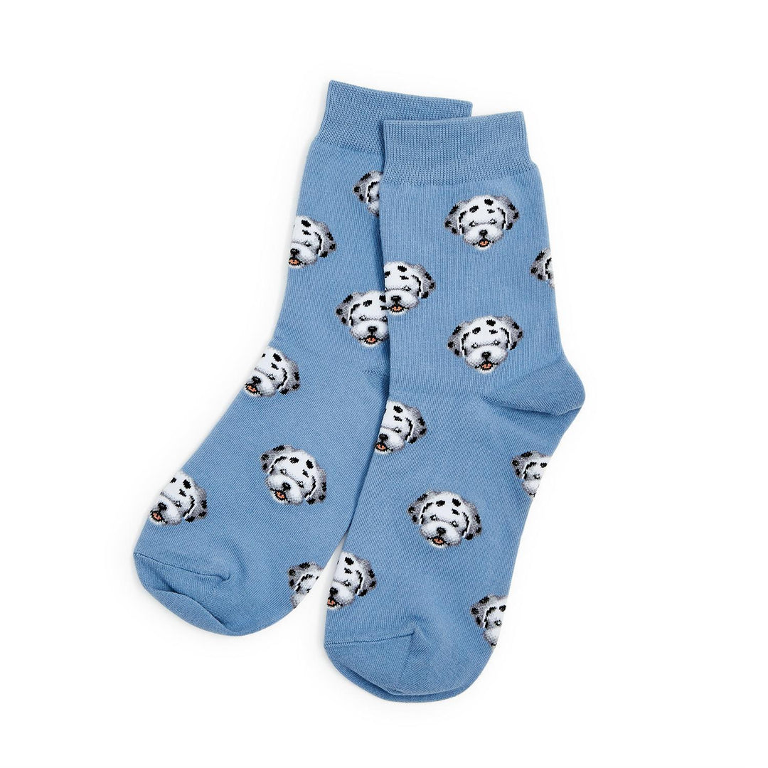 Cotton socks with cartoon Dalmatian face pattern; available in sizes S, M, L.