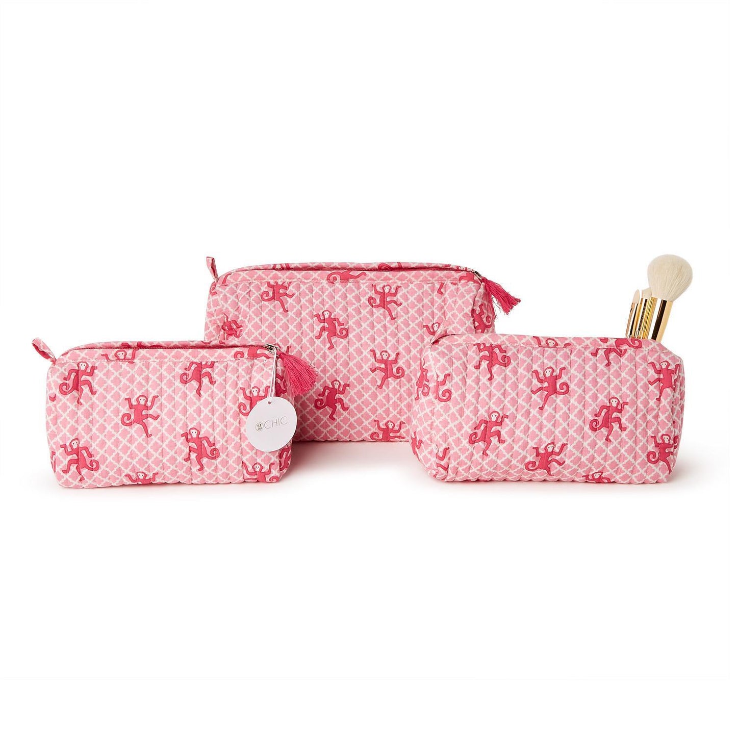Three pink and white cotton cosmetic bags with zip closure, geometric and animal patterns. Available in small, medium, large.