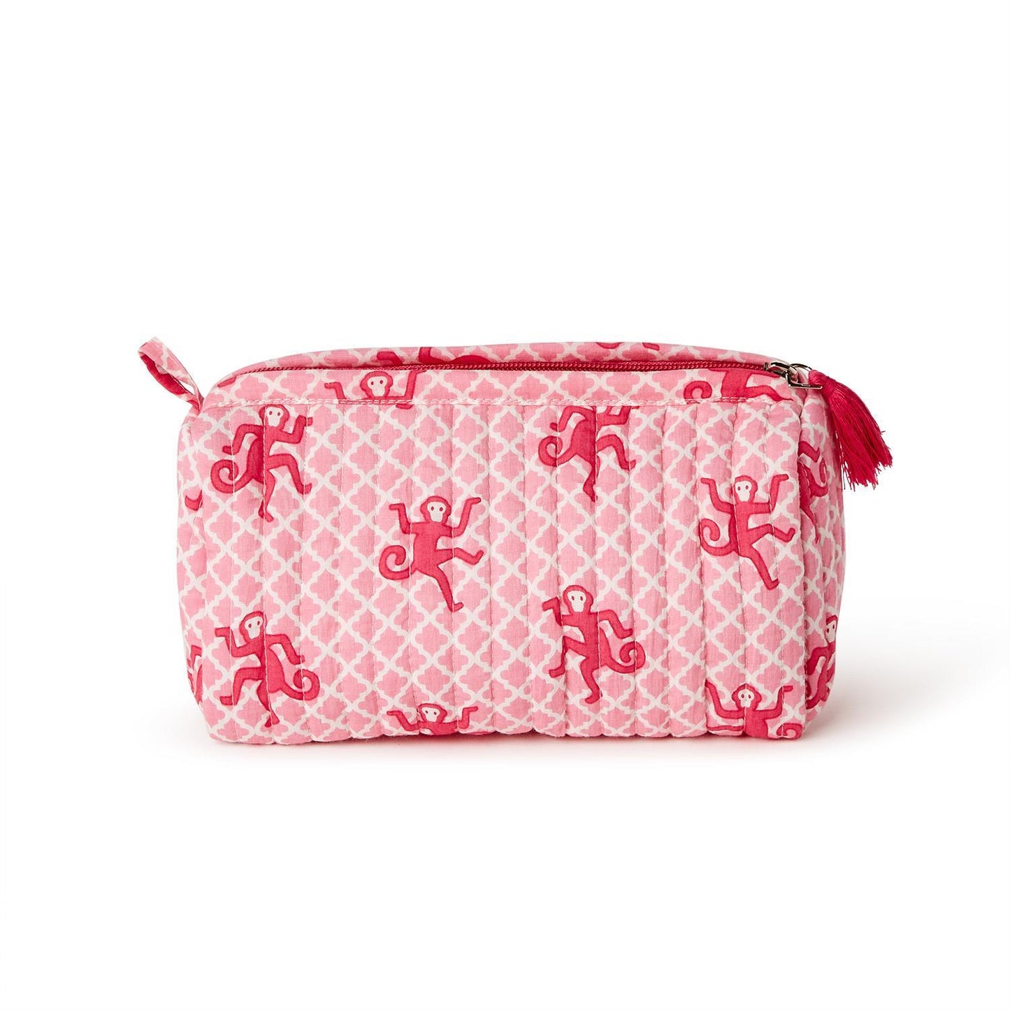 Pink cotton quilted cosmetic bag with red monkey and diamond print, red-tasseled zipper. Available in 3 sizes.