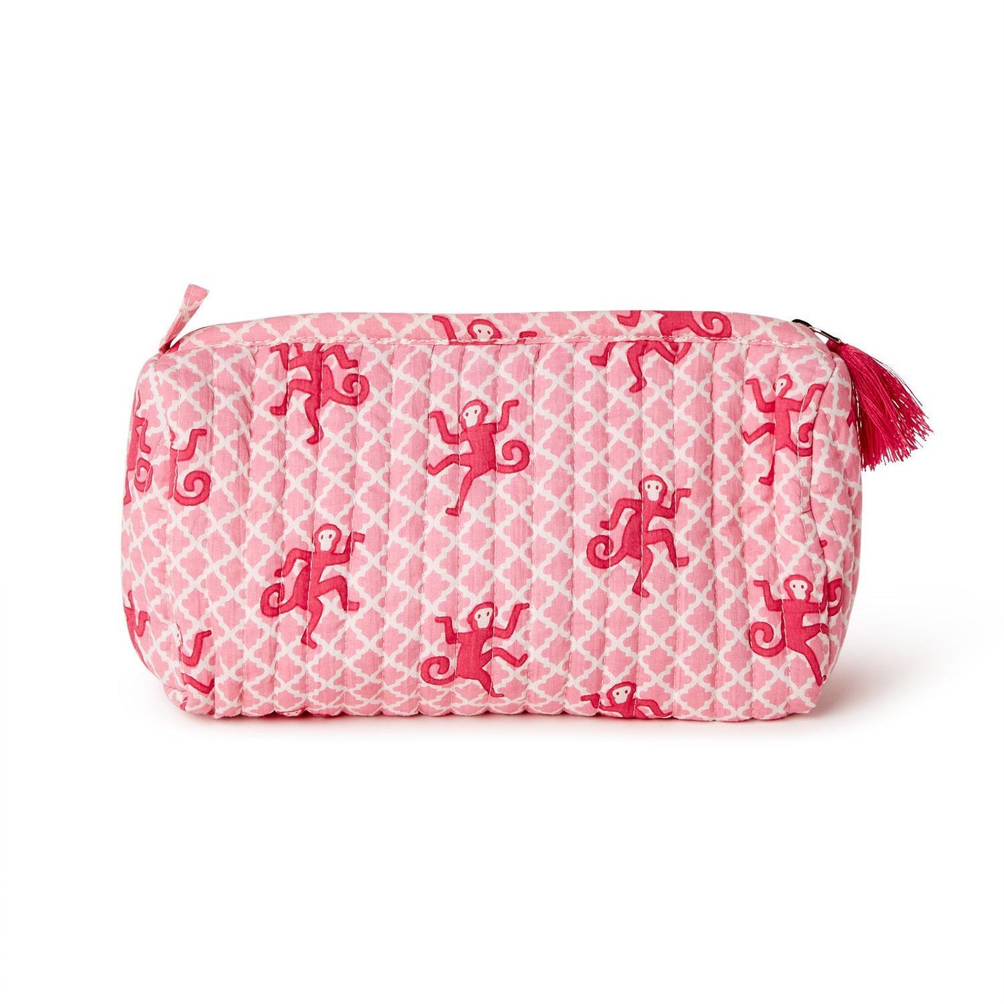 Quilted pink cotton cosmetic bag with red monkey print, red tassel zipper, waterproof. Available in 3 sizes.
