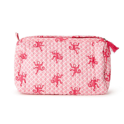 Happy Monkey Block Printed Cosmetic Bags in 3 sizes, pink cotton with diamond patterns, red monkey motifs, zipper, and pink tassel.